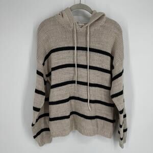 Garnet Hill sweater small S beige black striped organic linen hooded loose knit
